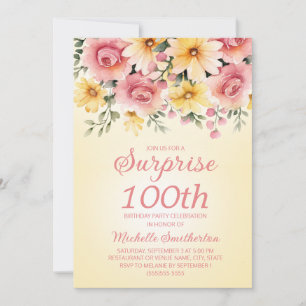 Yellow Pink Springtime Floral Surprise 100th  Invitation