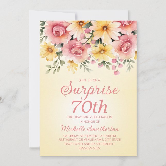 Yellow Pink Springtime Floral Surprise 70th  Invitation (Front)