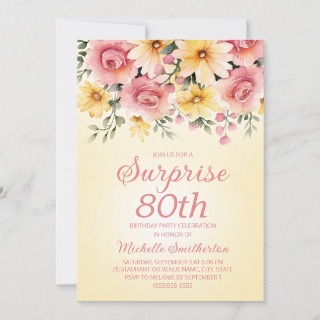 Yellow Pink Springtime Floral Surprise 80th  Invitation (Front)