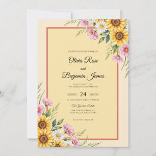 Yellow Pink Sunflower Eucalyptus Wedding Invitation