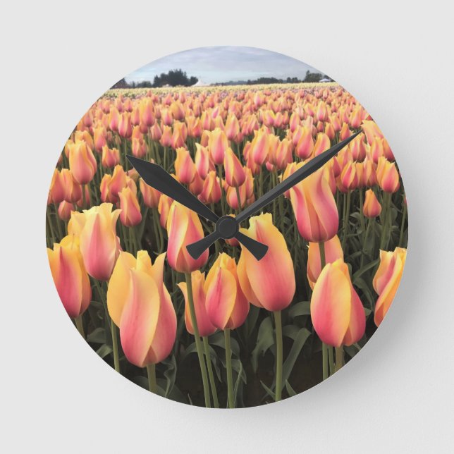 Yellow & Pink Tulip Field, Oregon Round Clock (Front)