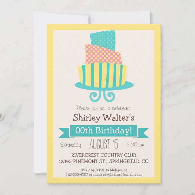 Yellow, Pink, & Turquoise Adult Birthday Party Invitation (Front)
