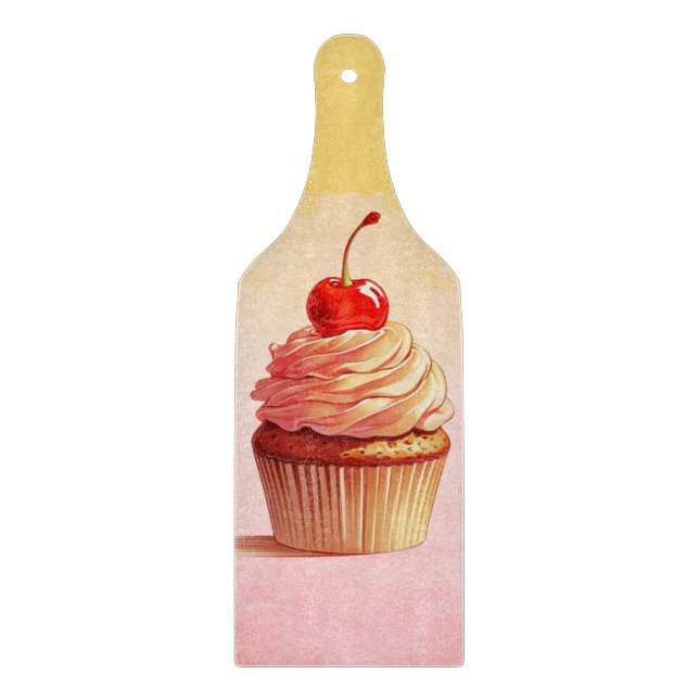 Yellow Pink Vintage Cherry Cupcake  Cutting Board (Front)