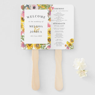 Yellow & Pink Watercolor Floral Wedding Program Hand Fan