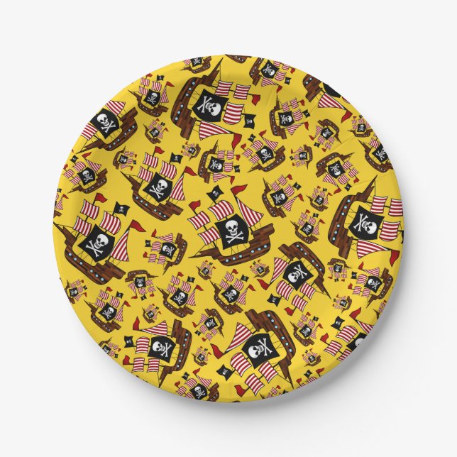 Yellow pirate ship pattern paper plate (Front)
