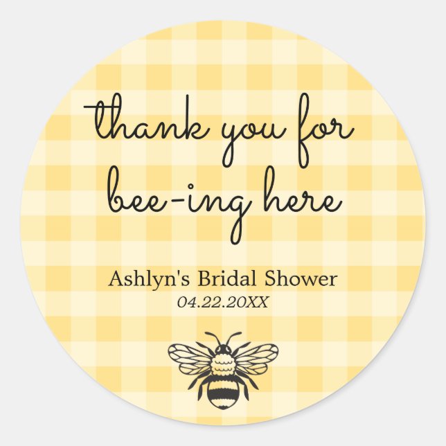 Yellow Plaid Bee Bridal Shower Sticker (Front)