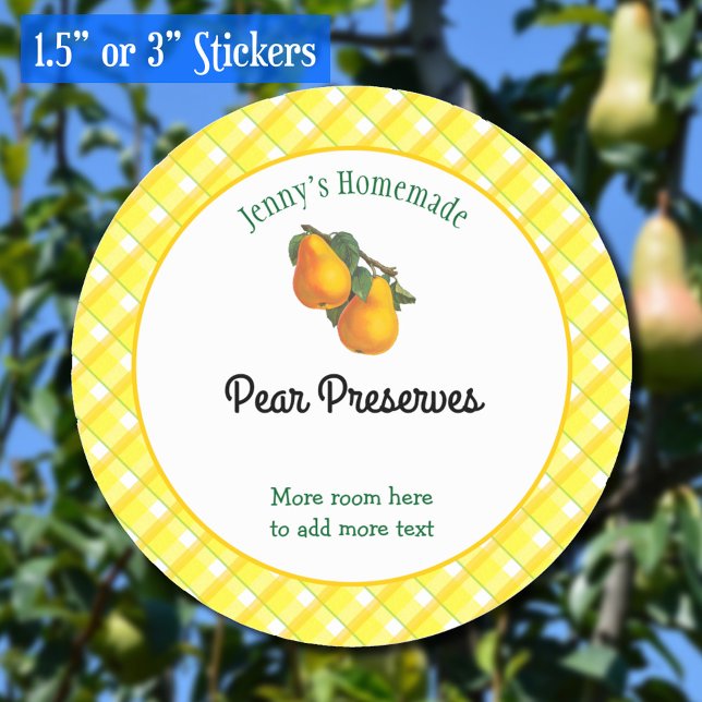 Yellow Plaid Checks Editable Pear Recipe Stickers (Pears retro yellow plaid canning sticker)