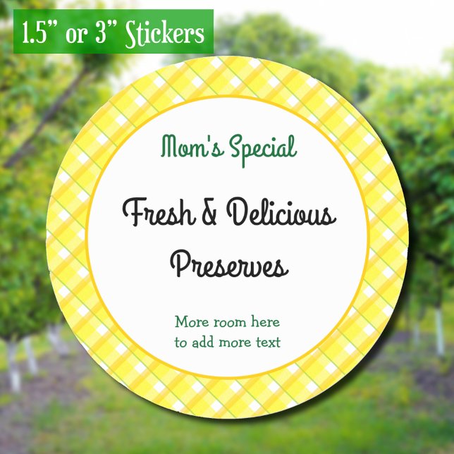 Yellow Plaid Checks Editable Retro Canning Classic Round Sticker (retro yellow plaid pattern editable canning pattern)