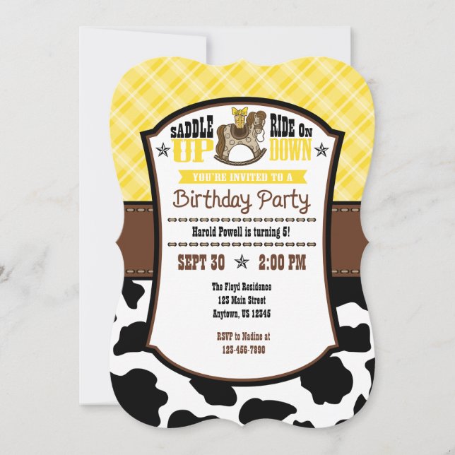 Yellow Plaid Cowhide Cowboy Birthday Invite (Front)