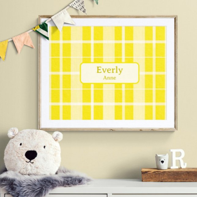 Yellow Plaid Custom Baby Name Nursery Print Poster (Customize the name. Shown with white mat and wood frame. (you will receive the print only) Thank you)