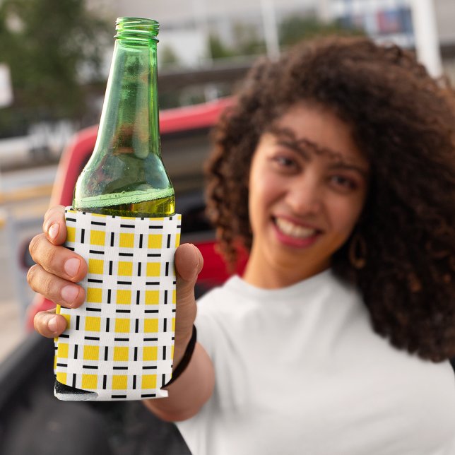 Yellow Plaid Pattern Can Cooler (can cooler)