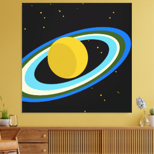 Yellow Planet Saturn Blue Rings Black Outer Space Canvas Print