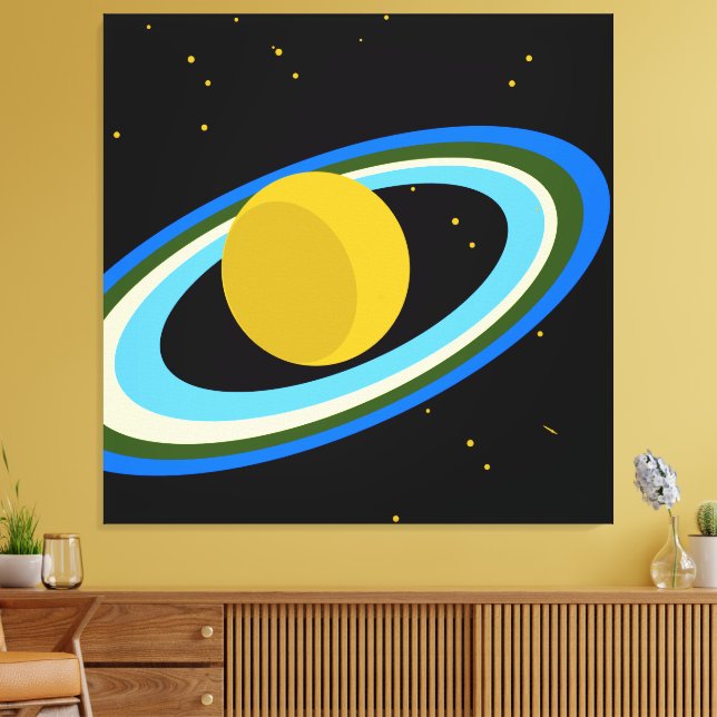 Yellow Planet Saturn Blue Rings Black Outer Space Canvas Print (Insitu(LivingRoom))
