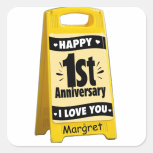 Yellow plastic floor sign happy 1st anniversary square sticker