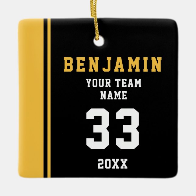 Yellow Player Name Number Team Sports Ceramic Ornament (Front)