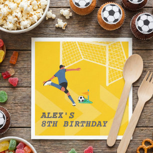 Yellow Playful Soccer Player Kick Goal Birthday Napkin