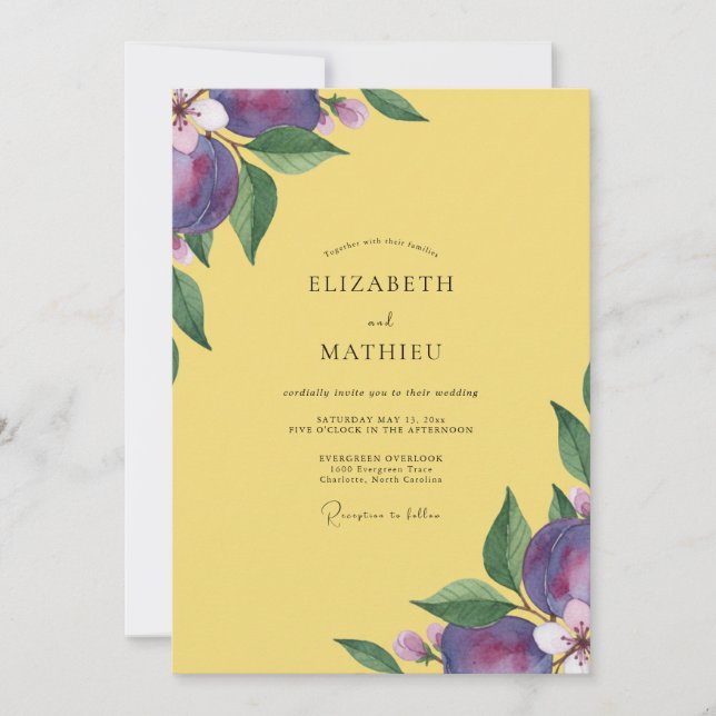 Yellow Plum Fruit Eucalyptus Wedding Invitation (Front)