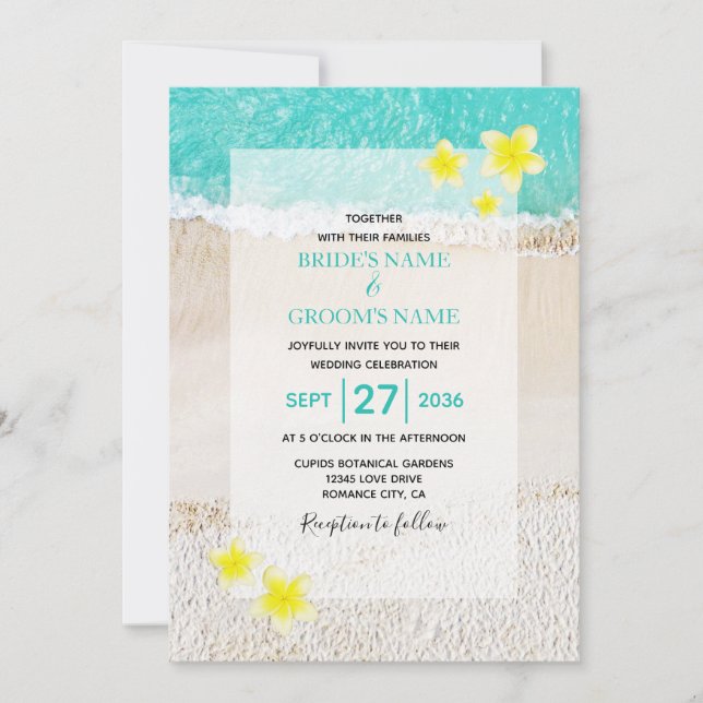 Yellow Plumeria Frangipani Tropical Beach Wedding Invitation (Front)