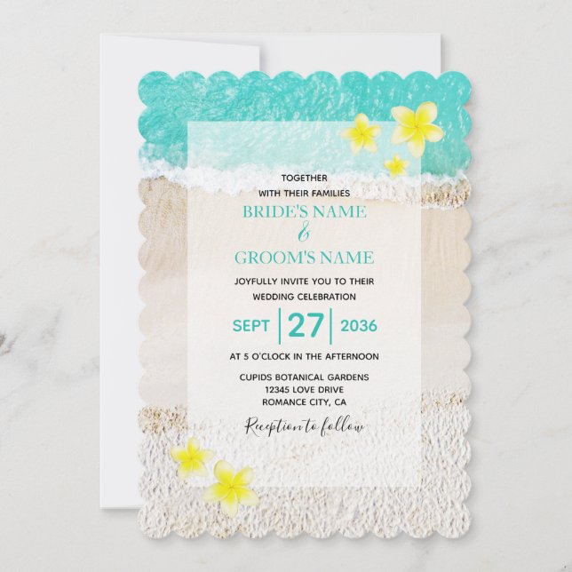 Yellow Plumeria Frangipani Tropical Beach Wedding Invitation (Front)