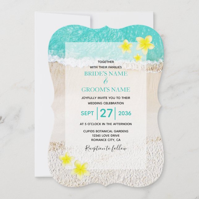 Yellow Plumeria Frangipani Tropical Beach Wedding Invitation (Front)