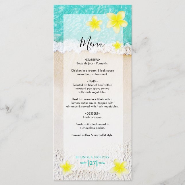 Yellow Plumeria Frangipani Tropical Beach Wedding Menu (Front)
