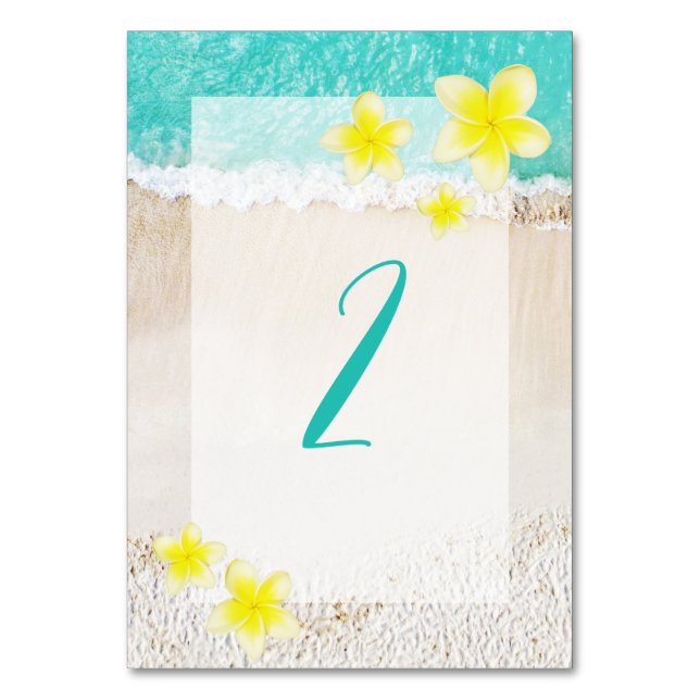 Yellow Plumeria Frangipani Tropical Beach Wedding Table Number (Front)