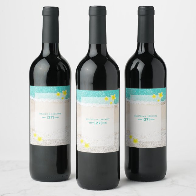 Yellow Plumeria Frangipani Tropical Beach Wedding  Wine Label (Bottles)