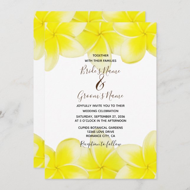 Yellow Plumeria Frangipani Wedding Invitations (Front/Back)