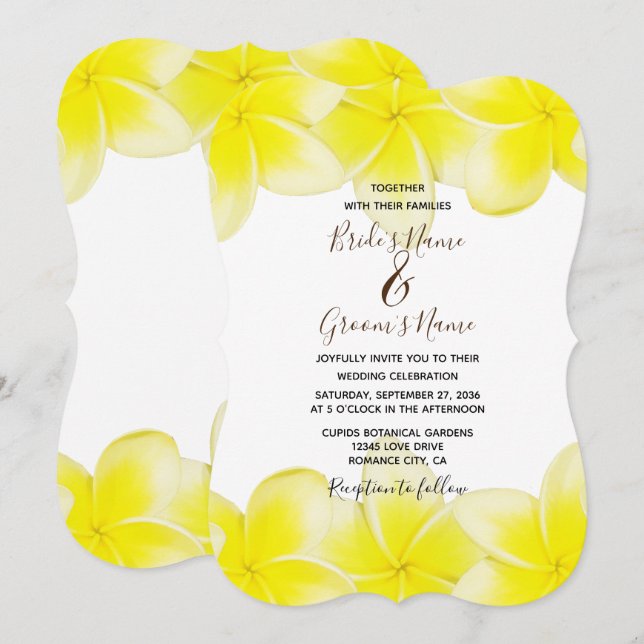 Yellow Plumeria Frangipani Wedding Invitations (Front/Back)