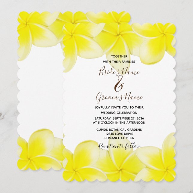 Yellow Plumeria Frangipani Wedding Invitations (Front/Back)