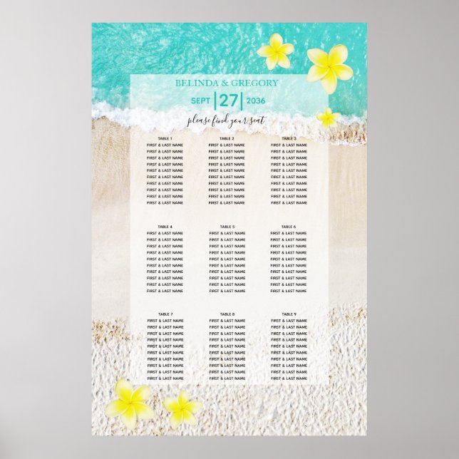 Yellow Plumeria Frangipani Wedding Seating Chart (Front)