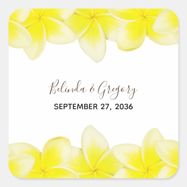 Yellow Plumeria Frangipani Wedding Square Sticker (Front)