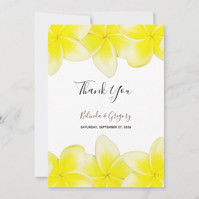 Yellow Plumeria Frangipani Wedding Thank You Card (Back)