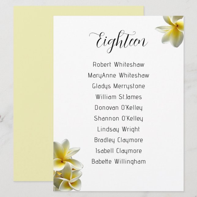 Yellow Plumeria Wedding Seating Table Number List (Front/Back)