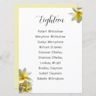 Yellow Plumeria Wedding Seating Table Number List