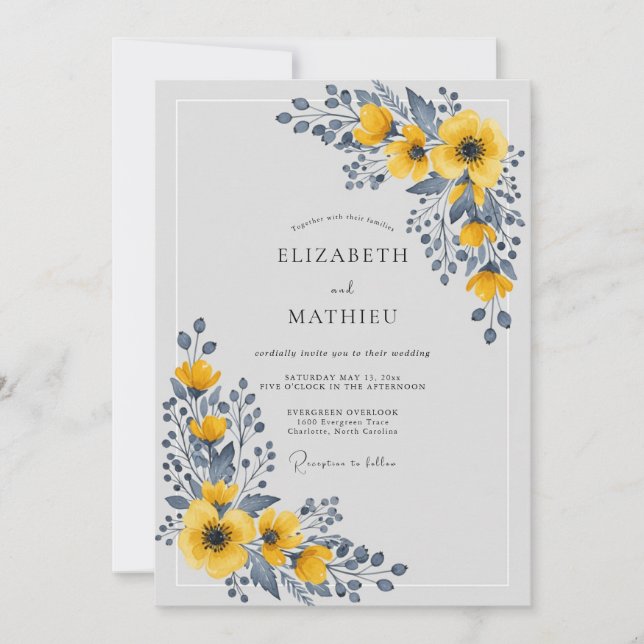 Yellow Polished Botanical Wedding Invitation (Front)