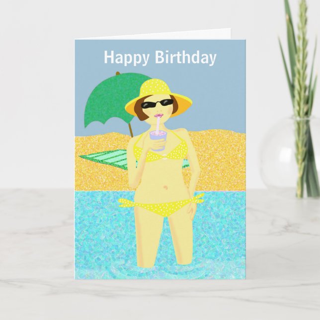 Yellow polka dot bikini beach birthday girl card (Front)