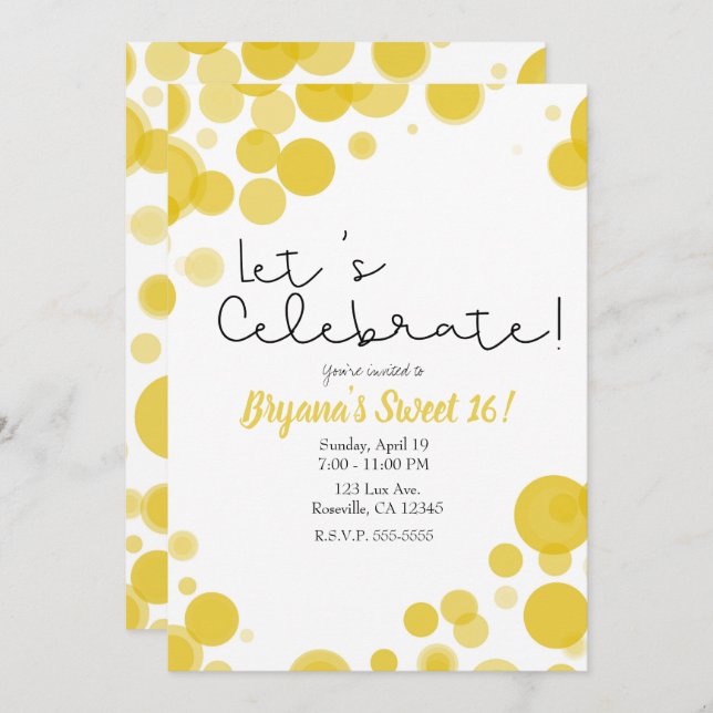 Yellow Polka Dot Bubbles Let's Celebrate Party Invitation (Front/Back)