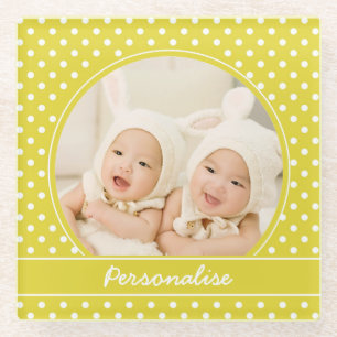 Yellow Polka Dot Custom Photo Personalise Glass Coaster