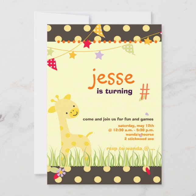 Yellow Polka Dot Giraffe Personalised Party Invitation (Front)