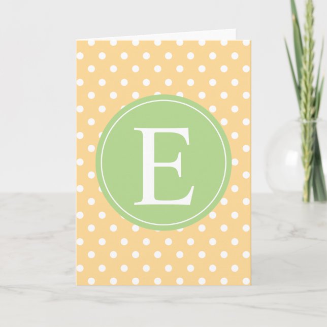 Yellow Polka Dot Green Monogram Note Card (Front)