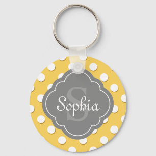 Yellow Polka Dot Pattern Grey Monogram Key Ring
