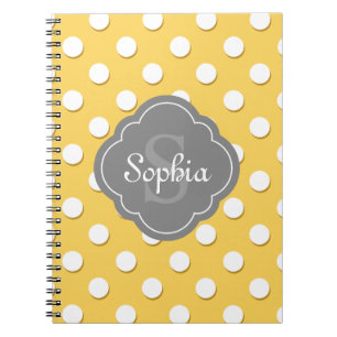 Yellow Polka Dot Pattern Grey Monogram Notebook