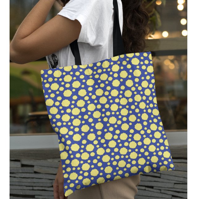 Yellow polka dot pattern on blue tote bag (Creator Uploaded)