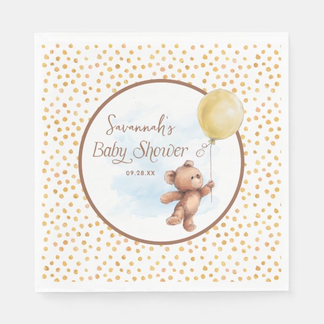 Yellow Polka Dot Teddy Bear Balloon Baby Shower  Napkin (Front)