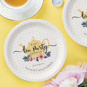 Yellow Polka Dot Vintage Floral Teapot Baby Shower Paper Plate