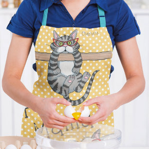 Yellow Polka Dot Whimsical Cats Cat Mum Name Apron