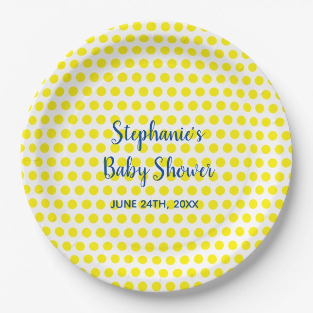 Yellow Polka Dots Blue White Baby Shower Cute Paper Plate (Front)