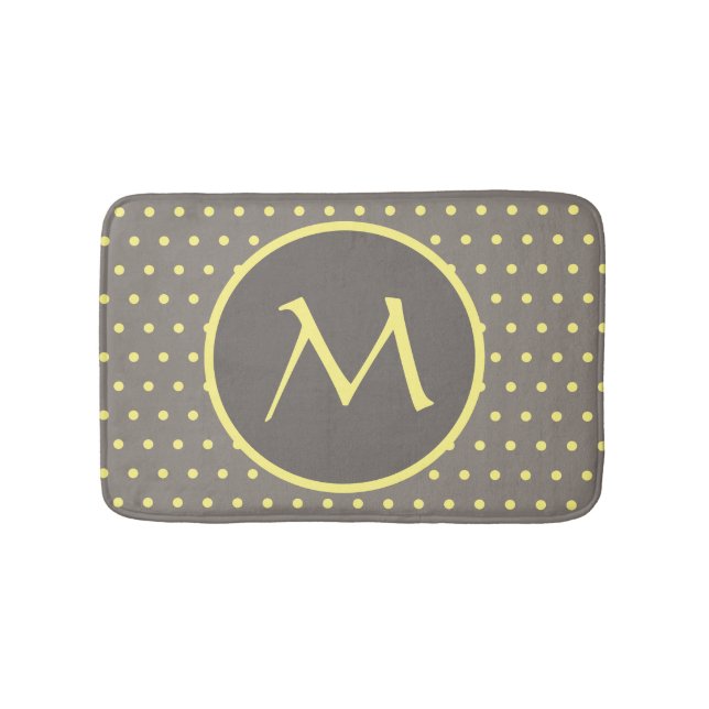 Yellow polka dots monogrammed grey bath mat (Front)
