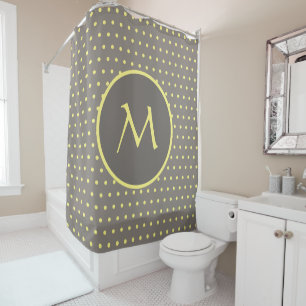 Yellow polka dots monogrammed grey shower curtain